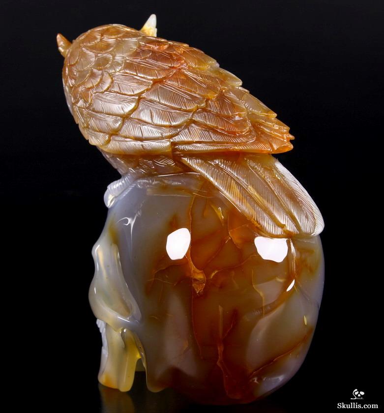 Huge 6.4" Carnelian Carved Crystal Skull with Owl Sculpture Huge 6.4" Carnelian Carved Crystal Skull with Owl Sculpture