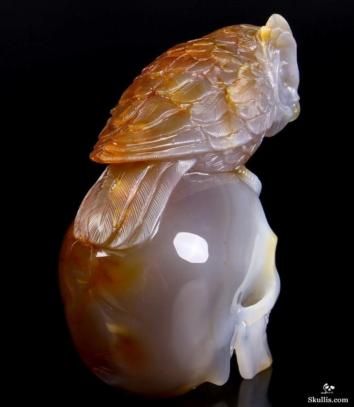 Huge 6.4" Carnelian Carved Crystal Skull with Owl Sculpture Huge 6.4" Carnelian Carved Crystal Skull with Owl Sculpture