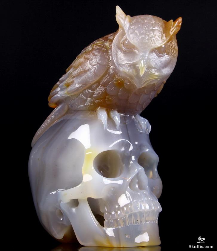 Huge 6.4" Carnelian Carved Crystal Skull with Owl Sculpture Huge 6.4" Carnelian Carved Crystal Skull with Owl Sculpture