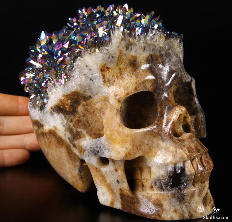 Huge Rainbow Druse 5.7" Quartz Rock Crystal Carved Crystal Skull, Realistic Huge Rainbow Druse 5.7" Quartz Rock Crystal Carved Crystal Skull, Realistic