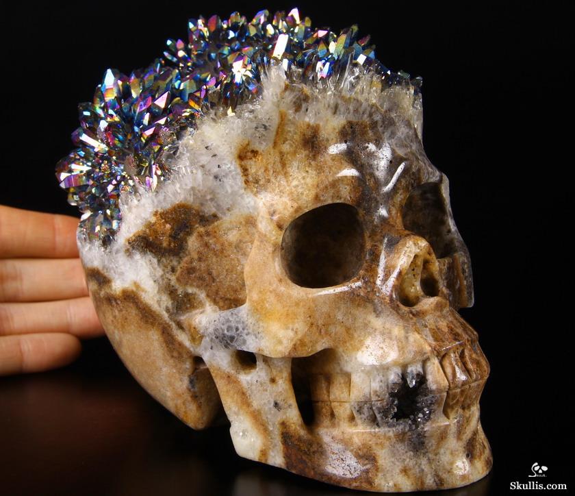 Huge Rainbow Druse 5.7" Quartz Rock Crystal Carved Crystal Skull, Realistic Huge Rainbow Druse 5.7" Quartz Rock Crystal Carved Crystal Skull, Realistic