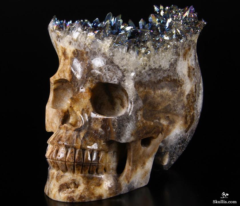 Huge Rainbow Druse 5.7" Quartz Rock Crystal Carved Crystal Skull, Realistic Huge Rainbow Druse 5.7" Quartz Rock Crystal Carved Crystal Skull, Realistic