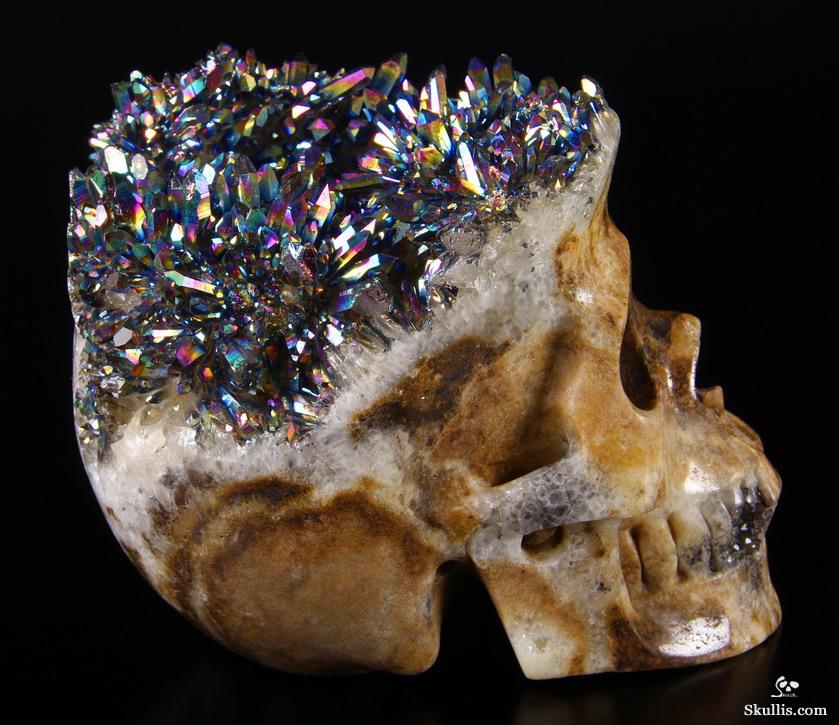 Huge Rainbow Druse 5.7" Quartz Rock Crystal Carved Crystal Skull, Realistic Huge Rainbow Druse 5.7" Quartz Rock Crystal Carved Crystal Skull, Realistic