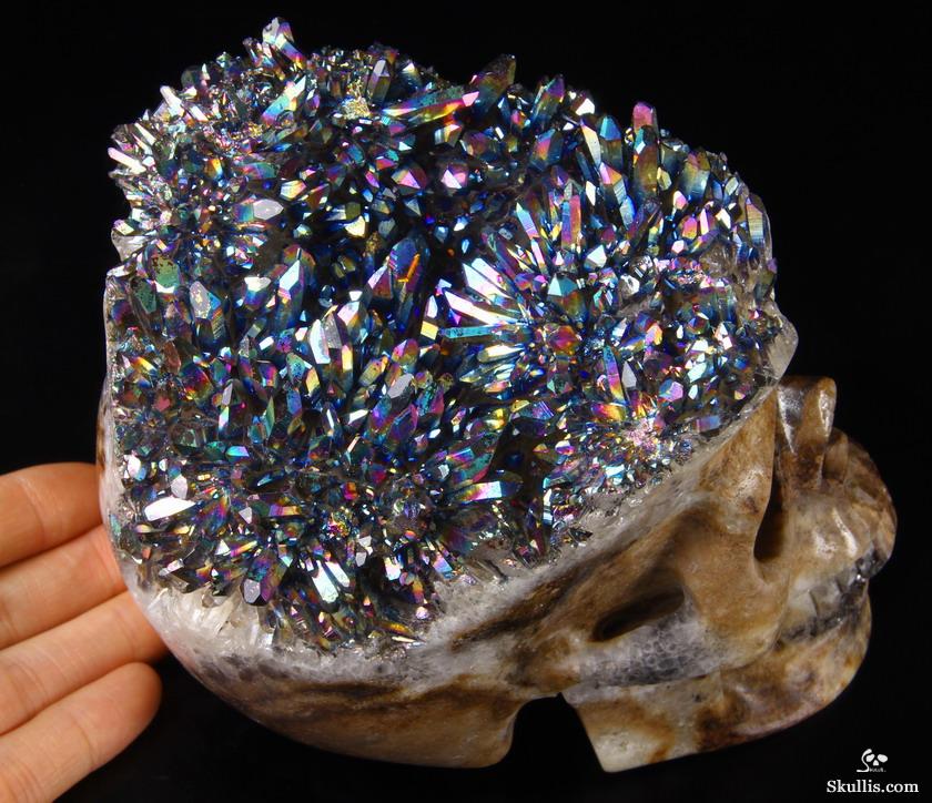 Huge Rainbow Druse 5.7" Quartz Rock Crystal Carved Crystal Skull, Realistic Huge Rainbow Druse 5.7" Quartz Rock Crystal Carved Crystal Skull, Realistic