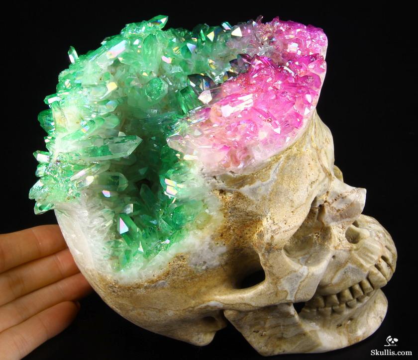 Rainbow 6.1" Rainbow Aura Quartz Druse Carved Crystal Skull Druse, Super Realistic Rainbow 6.1" Rainbow Aura Quartz Druse Carved Crystal Skull Druse, Super Realistic