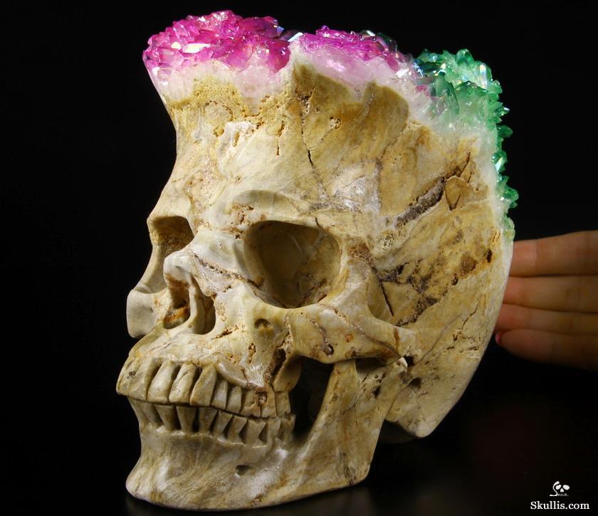 Rainbow 6.1" Rainbow Aura Quartz Druse Carved Crystal Skull Druse, Super Realistic Rainbow 6.1" Rainbow Aura Quartz Druse Carved Crystal Skull Druse, Super Realistic
