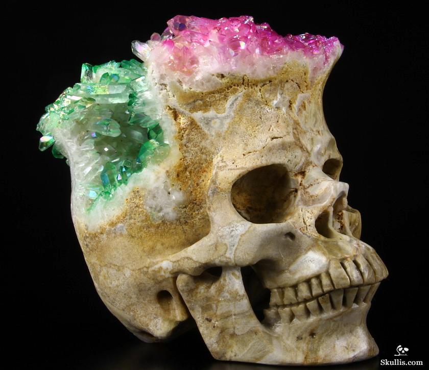 Rainbow 6.1" Rainbow Aura Quartz Druse Carved Crystal Skull Druse, Super Realistic Rainbow 6.1" Rainbow Aura Quartz Druse Carved Crystal Skull Druse, Super Realistic