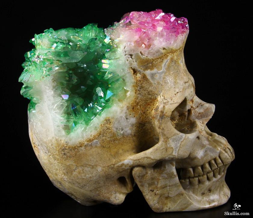 Rainbow 6.1" Rainbow Aura Quartz Druse Carved Crystal Skull Druse, Super Realistic Rainbow 6.1" Rainbow Aura Quartz Druse Carved Crystal Skull Druse, Super Realistic