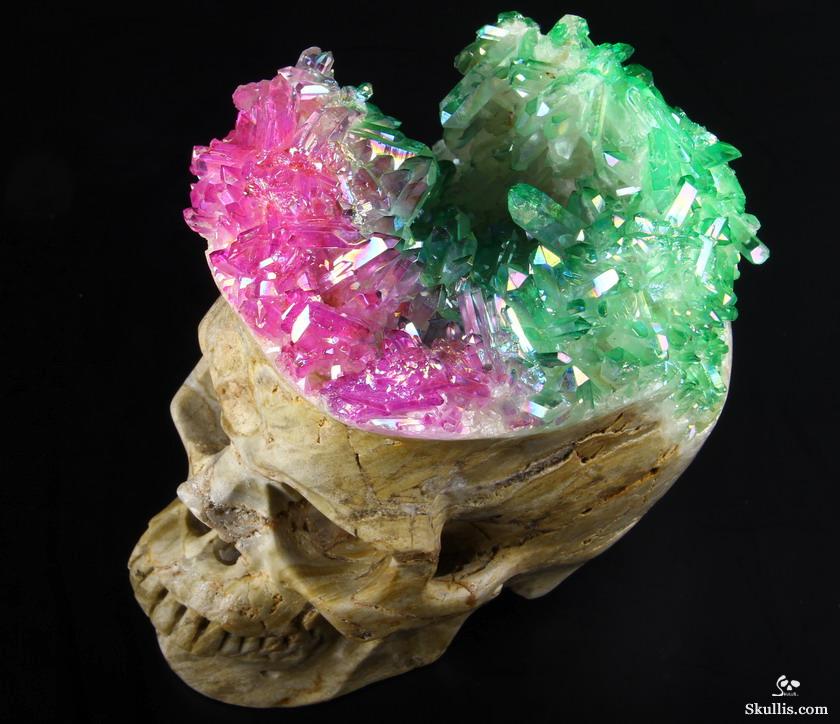 Rainbow 6.1" Rainbow Aura Quartz Druse Carved Crystal Skull Druse, Super Realistic Rainbow 6.1" Rainbow Aura Quartz Druse Carved Crystal Skull Druse, Super Realistic
