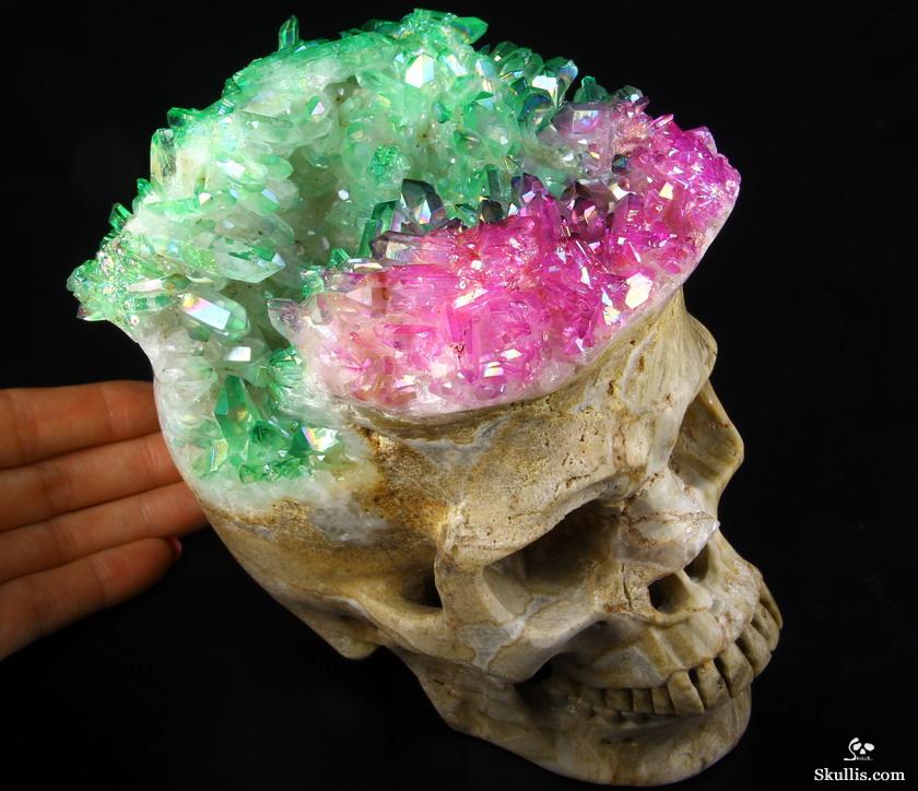 Rainbow 6.1" Rainbow Aura Quartz Druse Carved Crystal Skull Druse, Super Realistic Rainbow 6.1" Rainbow Aura Quartz Druse Carved Crystal Skull Druse, Super Realistic
