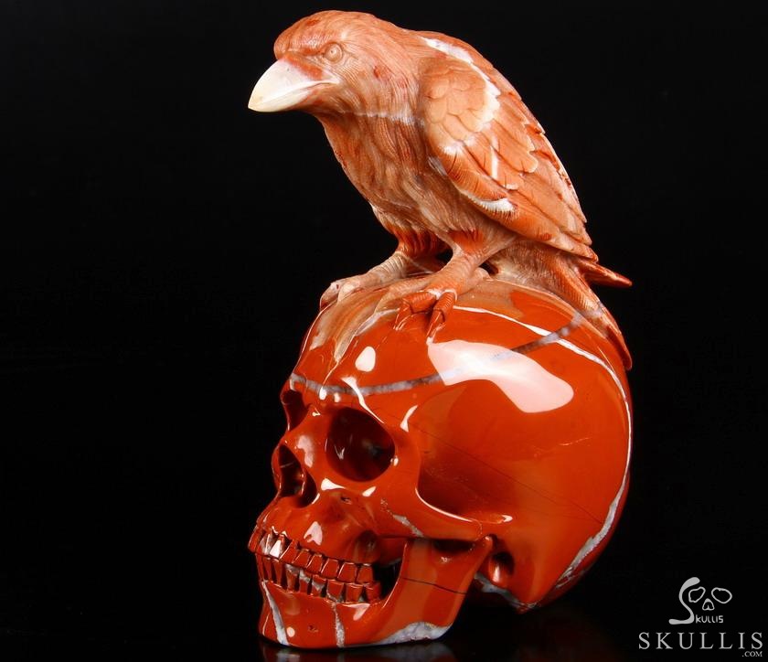 Huge 6.3" Red Jasper Carved Crystal Skull With Raven Sculpture, Realistic, Crystal Healing Huge 6.3" Red Jasper Carved Crystal Skull With Raven Sculpture, Realistic, Crystal Healing