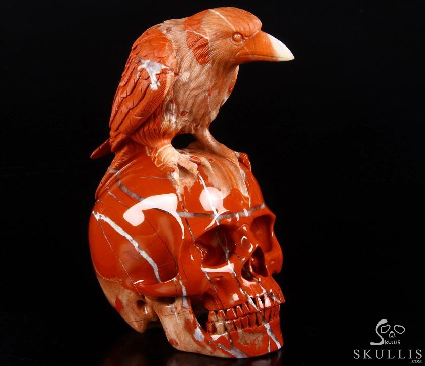 Huge 6.3" Red Jasper Carved Crystal Skull With Raven Sculpture, Realistic, Crystal Healing Huge 6.3" Red Jasper Carved Crystal Skull With Raven Sculpture, Realistic, Crystal Healing