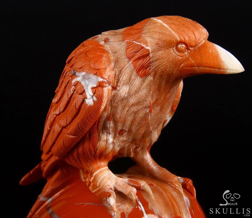 Huge 6.3" Red Jasper Carved Crystal Skull With Raven Sculpture, Realistic, Crystal Healing Huge 6.3" Red Jasper Carved Crystal Skull With Raven Sculpture, Realistic, Crystal Healing
