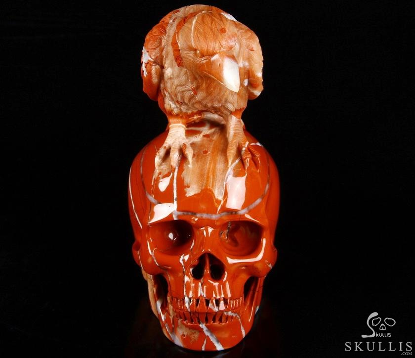 Huge 6.3" Red Jasper Carved Crystal Skull With Raven Sculpture, Realistic, Crystal Healing Huge 6.3" Red Jasper Carved Crystal Skull With Raven Sculpture, Realistic, Crystal Healing