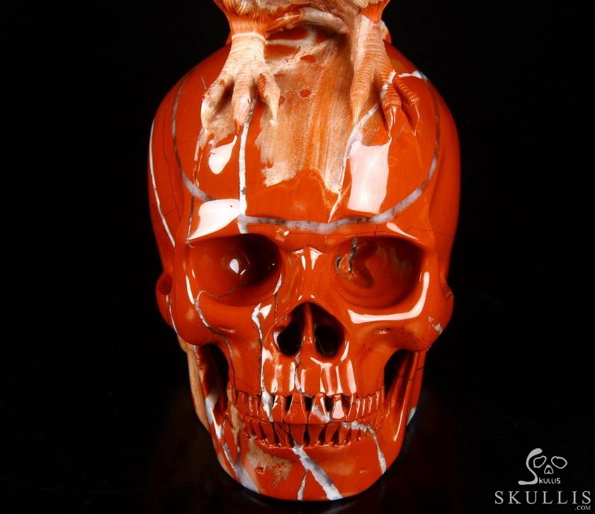 Huge 6.3" Red Jasper Carved Crystal Skull With Raven Sculpture, Realistic, Crystal Healing Huge 6.3" Red Jasper Carved Crystal Skull With Raven Sculpture, Realistic, Crystal Healing