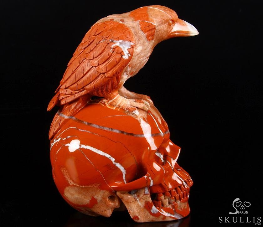 Huge 6.3" Red Jasper Carved Crystal Skull With Raven Sculpture, Realistic, Crystal Healing Huge 6.3" Red Jasper Carved Crystal Skull With Raven Sculpture, Realistic, Crystal Healing