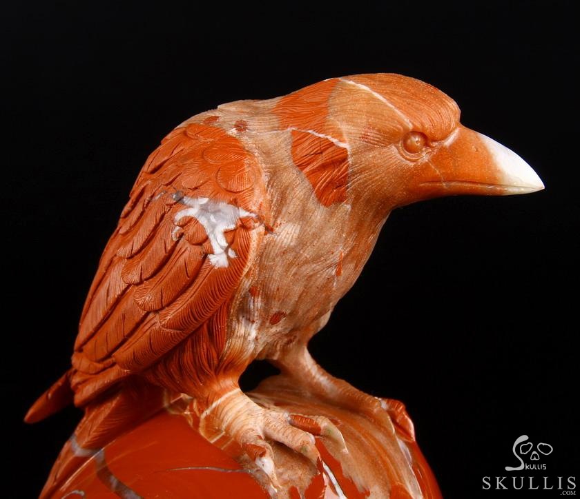 Huge 6.3" Red Jasper Carved Crystal Skull With Raven Sculpture, Realistic, Crystal Healing Huge 6.3" Red Jasper Carved Crystal Skull With Raven Sculpture, Realistic, Crystal Healing