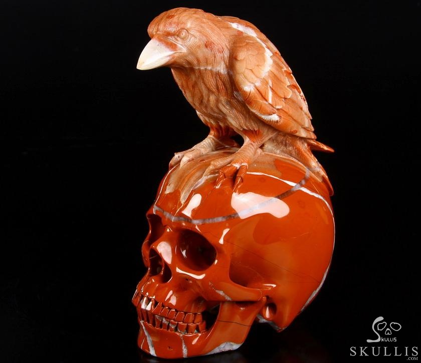 Huge 6.3" Red Jasper Carved Crystal Skull With Raven Sculpture, Realistic, Crystal Healing Huge 6.3" Red Jasper Carved Crystal Skull With Raven Sculpture, Realistic, Crystal Healing