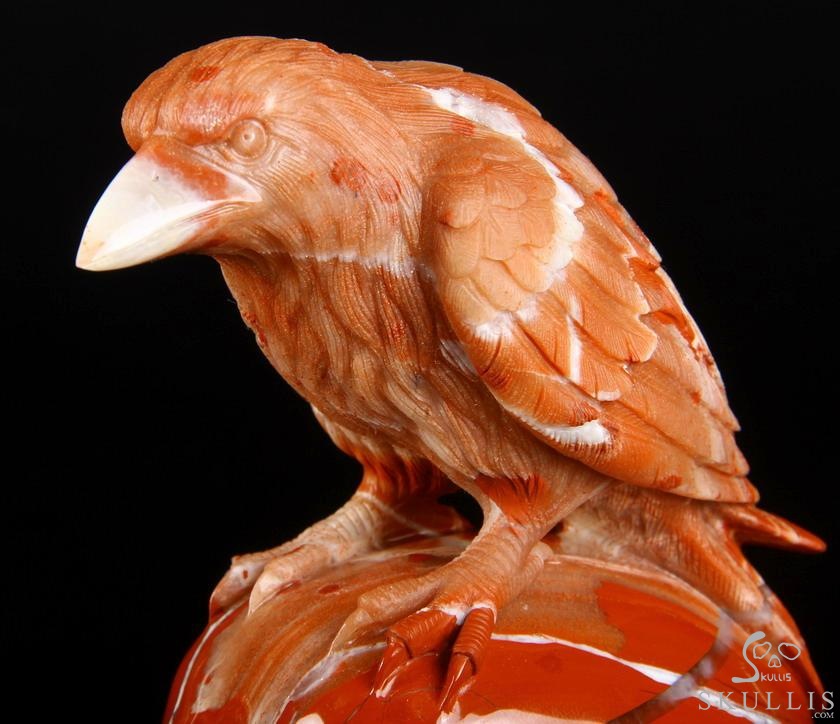 Huge 6.3" Red Jasper Carved Crystal Skull With Raven Sculpture, Realistic, Crystal Healing Huge 6.3" Red Jasper Carved Crystal Skull With Raven Sculpture, Realistic, Crystal Healing