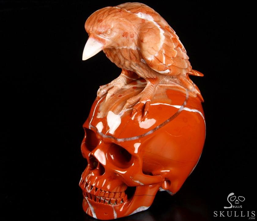Huge 6.3" Red Jasper Carved Crystal Skull With Raven Sculpture, Realistic, Crystal Healing Huge 6.3" Red Jasper Carved Crystal Skull With Raven Sculpture, Realistic, Crystal Healing