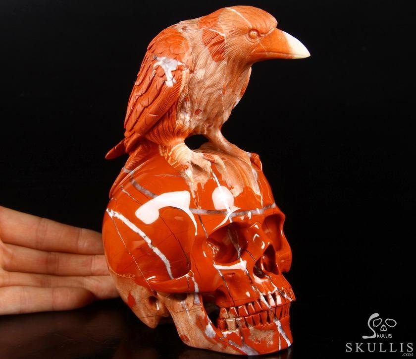 Huge 6.3" Red Jasper Carved Crystal Skull With Raven Sculpture, Realistic, Crystal Healing Huge 6.3" Red Jasper Carved Crystal Skull With Raven Sculpture, Realistic, Crystal Healing