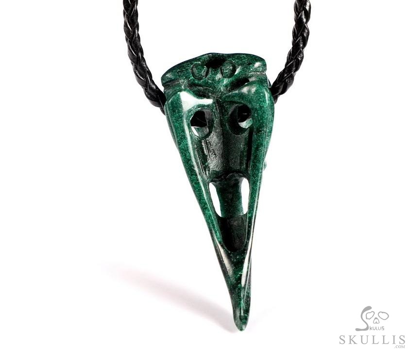 Night Pathfinder - 2.2" African Green Stone Verdite Hand Carved Crystal Raven Skull Pendant, Crystal Healing Skull Jewelry, for Women & Men Night Pathfinder - 2.2" African Green Stone Verdite Hand Carved Crystal Raven Skull Pendant, Crystal Healing Skull Jewelry, for Women & Men