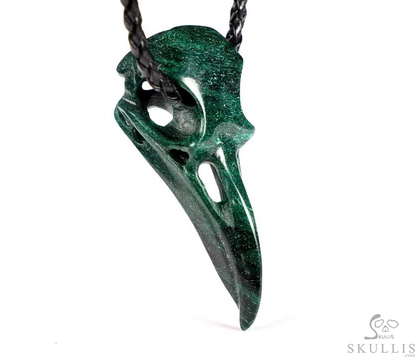 Night Pathfinder - 2.2" African Green Stone Verdite Hand Carved Crystal Raven Skull Pendant, Crystal Healing Skull Jewelry, for Women & Men Night Pathfinder - 2.2" African Green Stone Verdite Hand Carved Crystal Raven Skull Pendant, Crystal Healing Skull Jewelry, for Women & Men