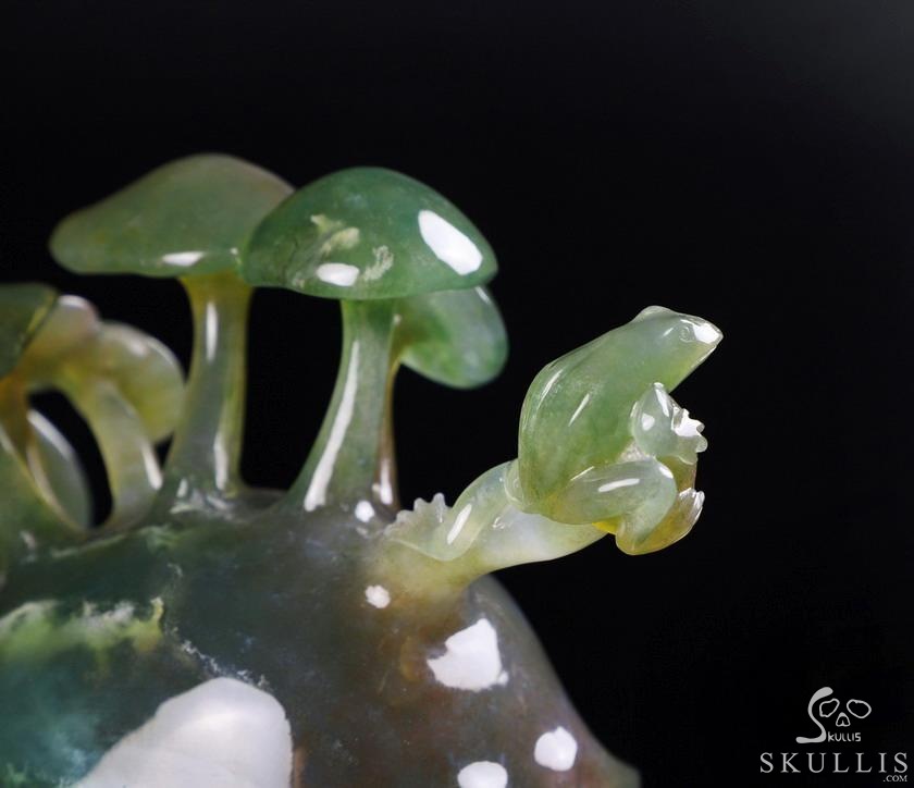 New 5.4" Indian Agate Carved Crystal Skull & Mushroom with Frog Sculpture, Crystal Healing New 5.4" Indian Agate Carved Crystal Skull & Mushroom with Frog Sculpture, Crystal Healing