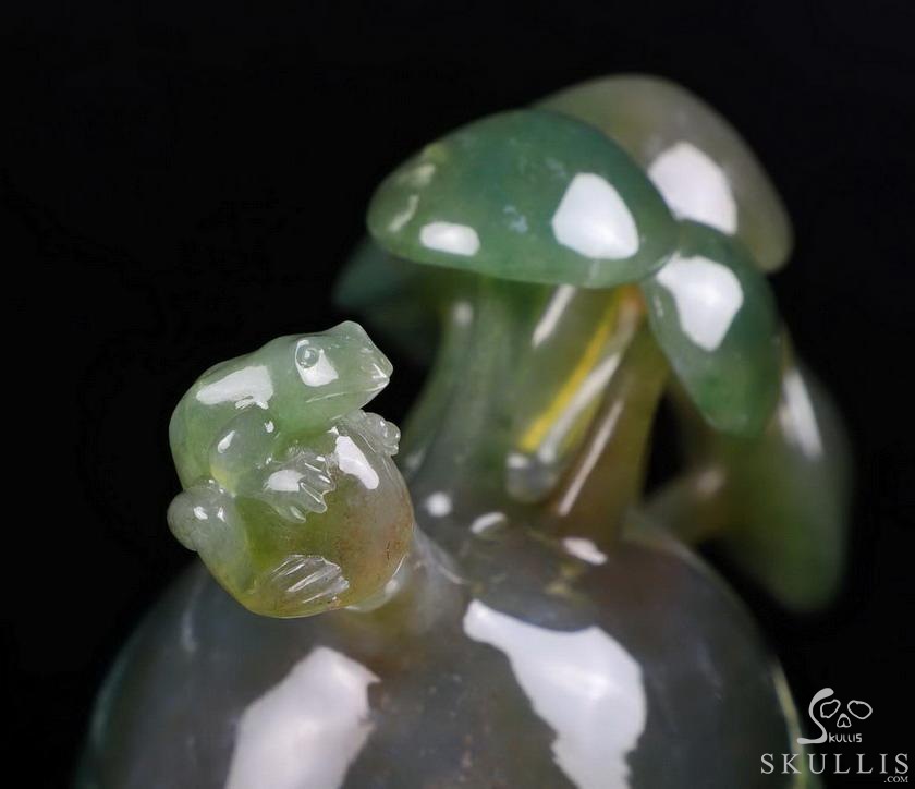 New 5.4" Indian Agate Carved Crystal Skull & Mushroom with Frog Sculpture, Crystal Healing New 5.4" Indian Agate Carved Crystal Skull & Mushroom with Frog Sculpture, Crystal Healing