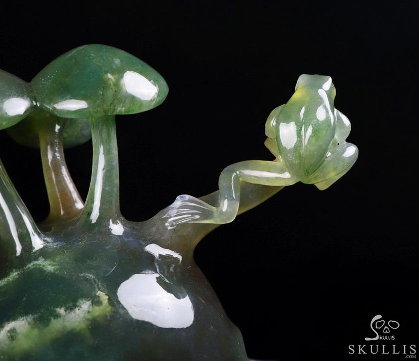New 5.4" Indian Agate Carved Crystal Skull & Mushroom with Frog Sculpture, Crystal Healing New 5.4" Indian Agate Carved Crystal Skull & Mushroom with Frog Sculpture, Crystal Healing