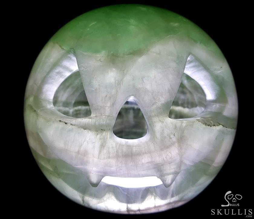 Halloween Gift- 6.0" Fluorite Carved Crystal Halloween Jack Skull Sculpture, Crystal Healing Halloween Gift- 6.0" Fluorite Carved Crystal Halloween Jack Skull Sculpture, Crystal Healing