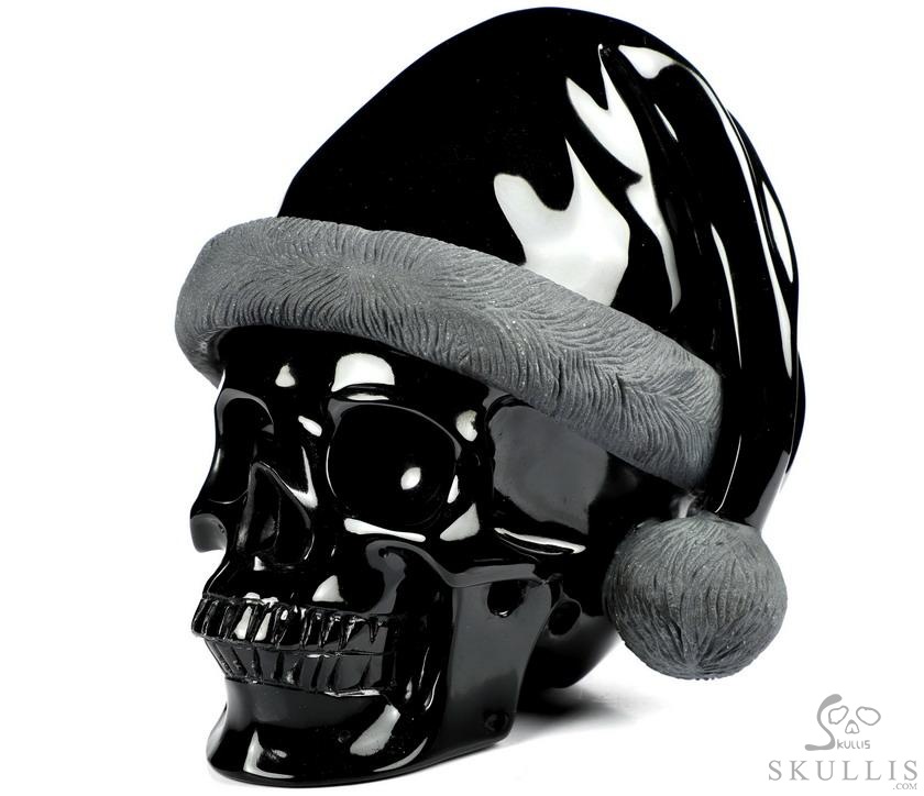 Merry Christmas, 5.0" Black Obsidian Carved Crystal Skull, Crystal Healing Merry Christmas, 5.0" Black Obsidian Carved Crystal Skull, Crystal Healing