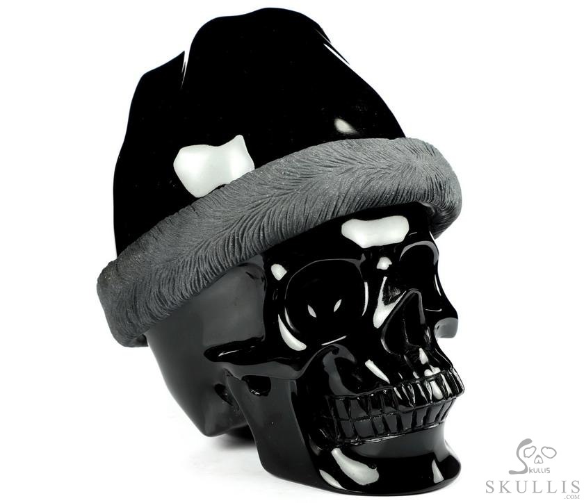 Merry Christmas, 5.0" Black Obsidian Carved Crystal Skull, Crystal Healing Merry Christmas, 5.0" Black Obsidian Carved Crystal Skull, Crystal Healing