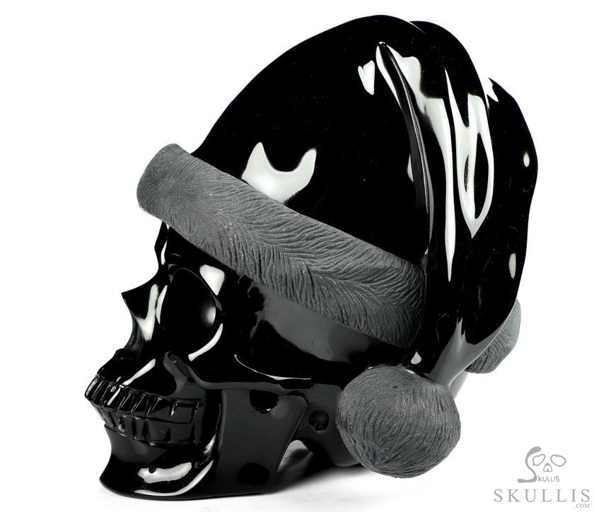 Merry Christmas, 5.0" Black Obsidian Carved Crystal Skull, Crystal Healing Merry Christmas, 5.0" Black Obsidian Carved Crystal Skull, Crystal Healing