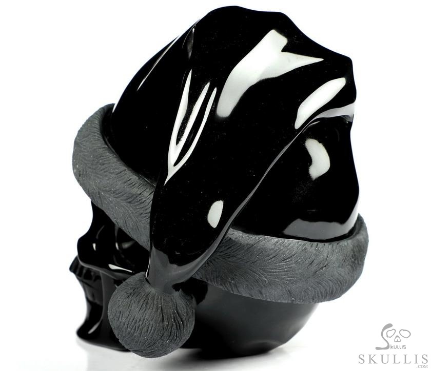 Merry Christmas, 5.0" Black Obsidian Carved Crystal Skull, Crystal Healing Merry Christmas, 5.0" Black Obsidian Carved Crystal Skull, Crystal Healing