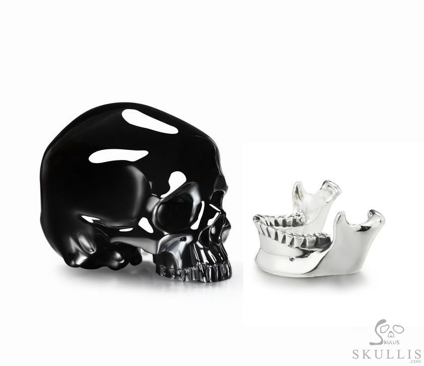 Huge 4.6" Black Obsidian & 925 Sterling Silver Carved Crystal Detachable Skull, Super Realistic Huge 4.6" Black Obsidian & 925 Sterling Silver Carved Crystal Detachable Skull, Super Realistic