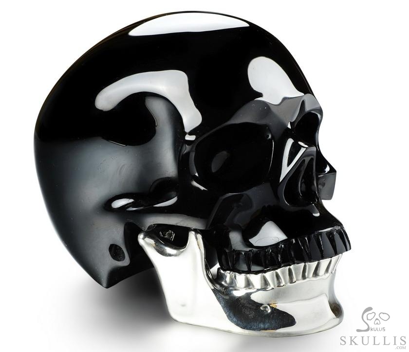 Huge 4.6" Black Obsidian & 925 Sterling Silver Carved Crystal Detachable Skull, Super Realistic Huge 4.6" Black Obsidian & 925 Sterling Silver Carved Crystal Detachable Skull, Super Realistic