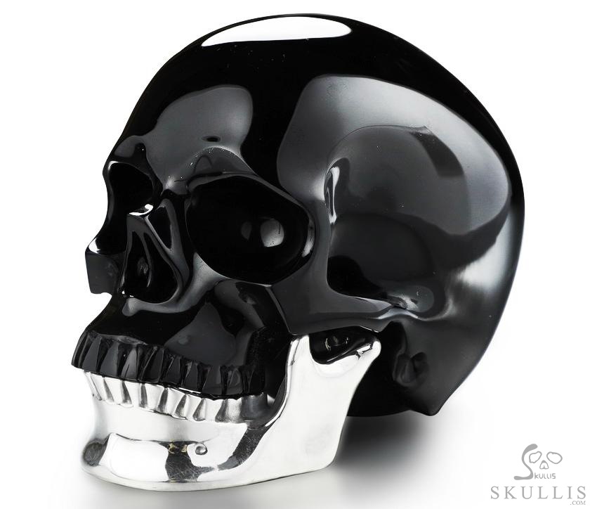 Huge 4.6" Black Obsidian & 925 Sterling Silver Carved Crystal Detachable Skull, Super Realistic Huge 4.6" Black Obsidian & 925 Sterling Silver Carved Crystal Detachable Skull, Super Realistic