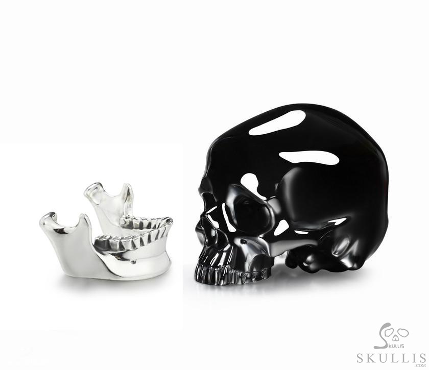 Huge 4.6" Black Obsidian & 925 Sterling Silver Carved Crystal Detachable Skull, Super Realistic Huge 4.6" Black Obsidian & 925 Sterling Silver Carved Crystal Detachable Skull, Super Realistic