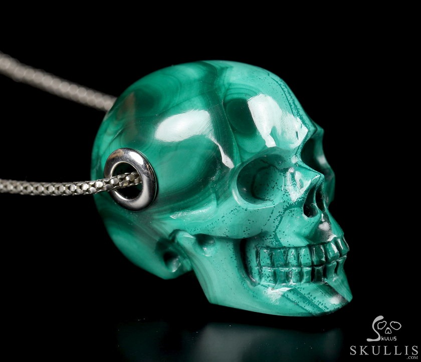 Skullis Signature 1.1" Malachite Hand Carved Crystal Skull Pendant, Crystal Healing Skull Jewelry, for Women & Men Skullis Signature 1.1" Malachite Hand Carved Crystal Skull Pendant, Crystal Healing Skull Jewelry, for Women & Men