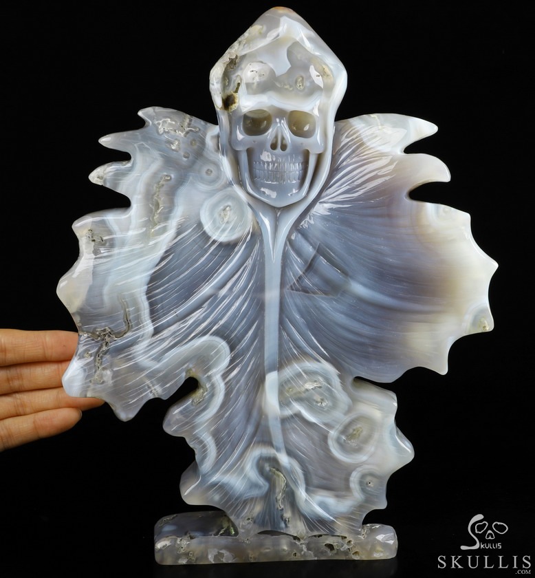 9.6" Agate Carved Crystal Skull & Leaves, Crystal Healing 9.6" Agate Carved Crystal Skull & Leaves, Crystal Healing