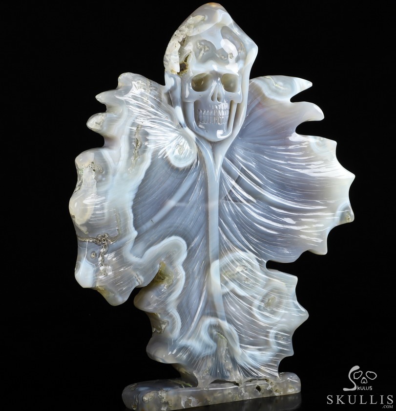9.6" Agate Carved Crystal Skull & Leaves, Crystal Healing 9.6" Agate Carved Crystal Skull & Leaves, Crystal Healing