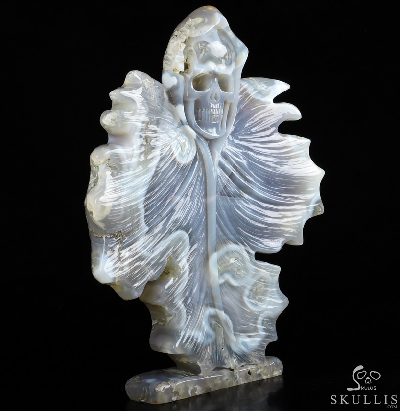 9.6" Agate Carved Crystal Skull & Leaves, Crystal Healing 9.6" Agate Carved Crystal Skull & Leaves, Crystal Healing