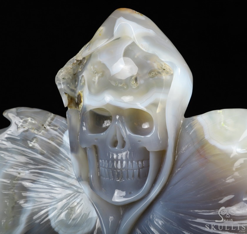 9.6" Agate Carved Crystal Skull & Leaves, Crystal Healing 9.6" Agate Carved Crystal Skull & Leaves, Crystal Healing