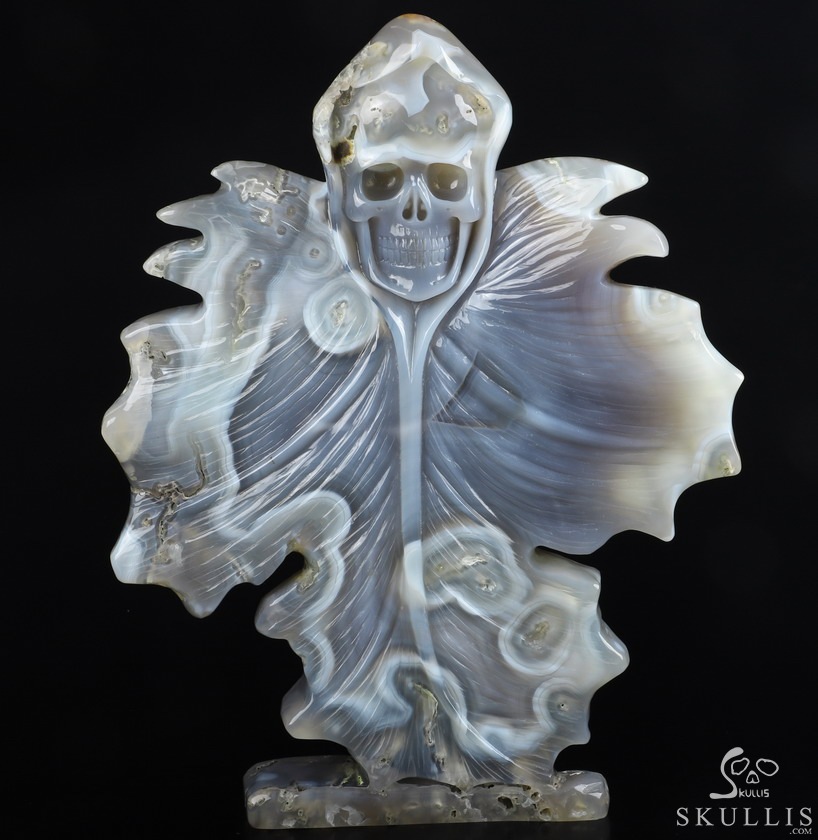 9.6" Agate Carved Crystal Skull & Leaves, Crystal Healing 9.6" Agate Carved Crystal Skull & Leaves, Crystal Healing