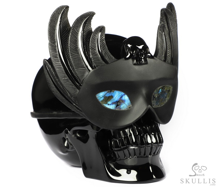 6.7" Black Obsidian Carved Masquerade Crystal Skull Sculpture, Crystal Healing 6.7" Black Obsidian Carved Masquerade Crystal Skull Sculpture, Crystal Healing