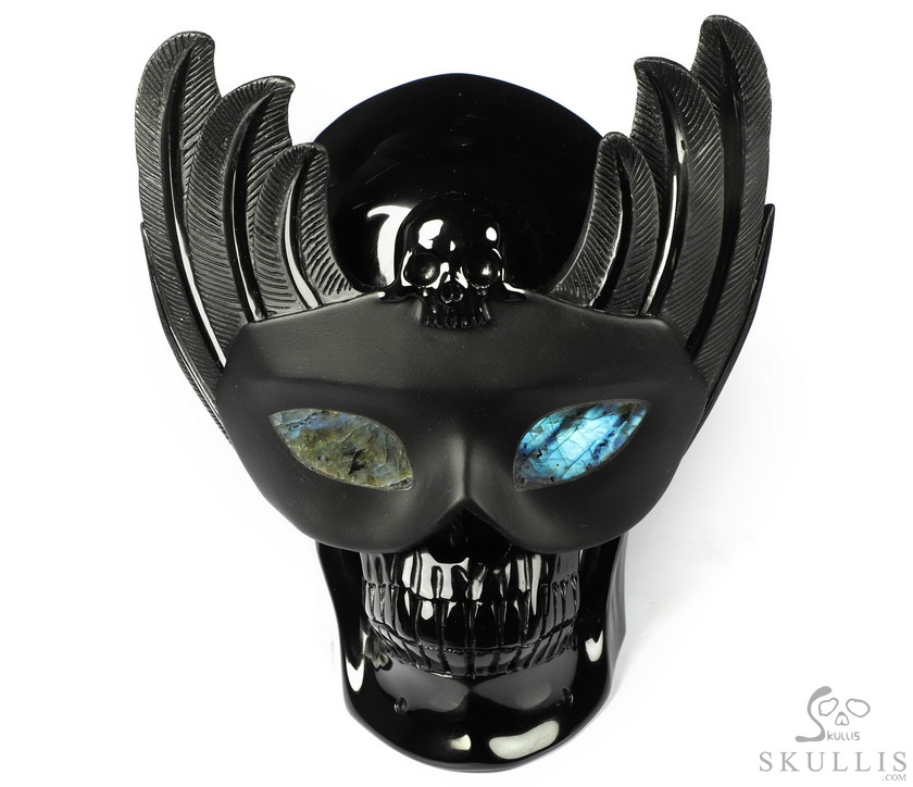 6.7" Black Obsidian Carved Masquerade Crystal Skull Sculpture, Crystal Healing 6.7" Black Obsidian Carved Masquerade Crystal Skull Sculpture, Crystal Healing