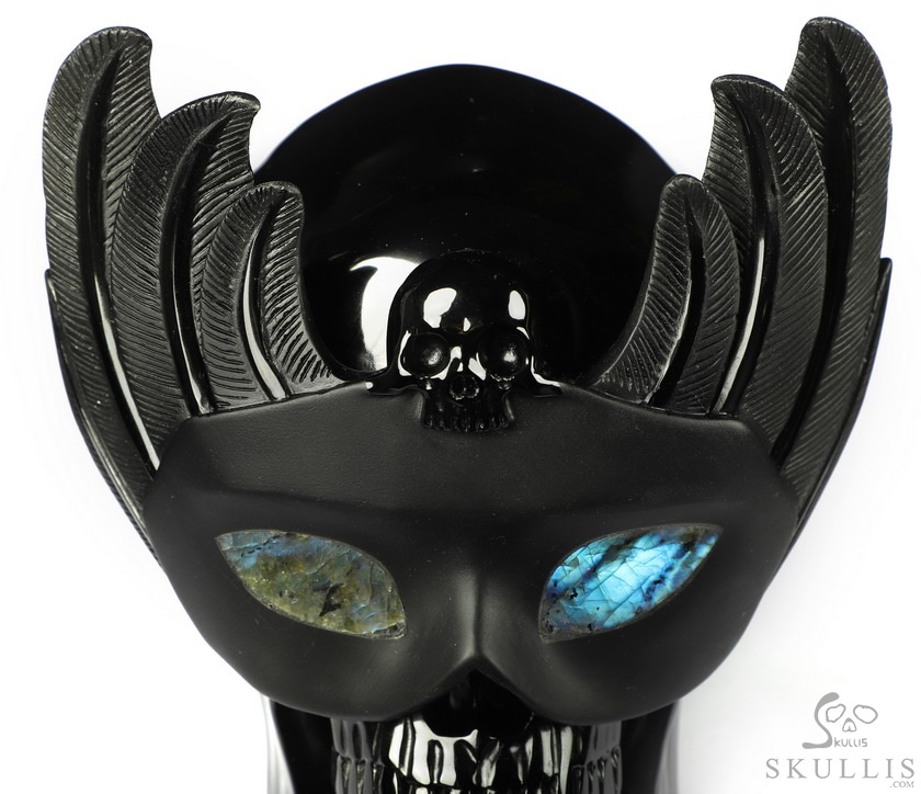 6.7" Black Obsidian Carved Masquerade Crystal Skull Sculpture, Crystal Healing 6.7" Black Obsidian Carved Masquerade Crystal Skull Sculpture, Crystal Healing