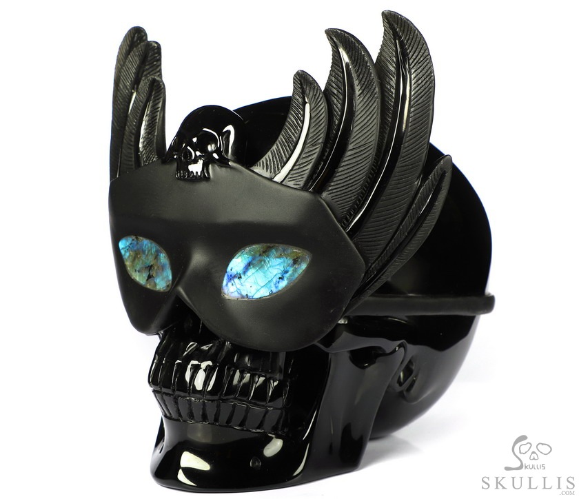 6.7" Black Obsidian Carved Masquerade Crystal Skull Sculpture, Crystal Healing 6.7" Black Obsidian Carved Masquerade Crystal Skull Sculpture, Crystal Healing