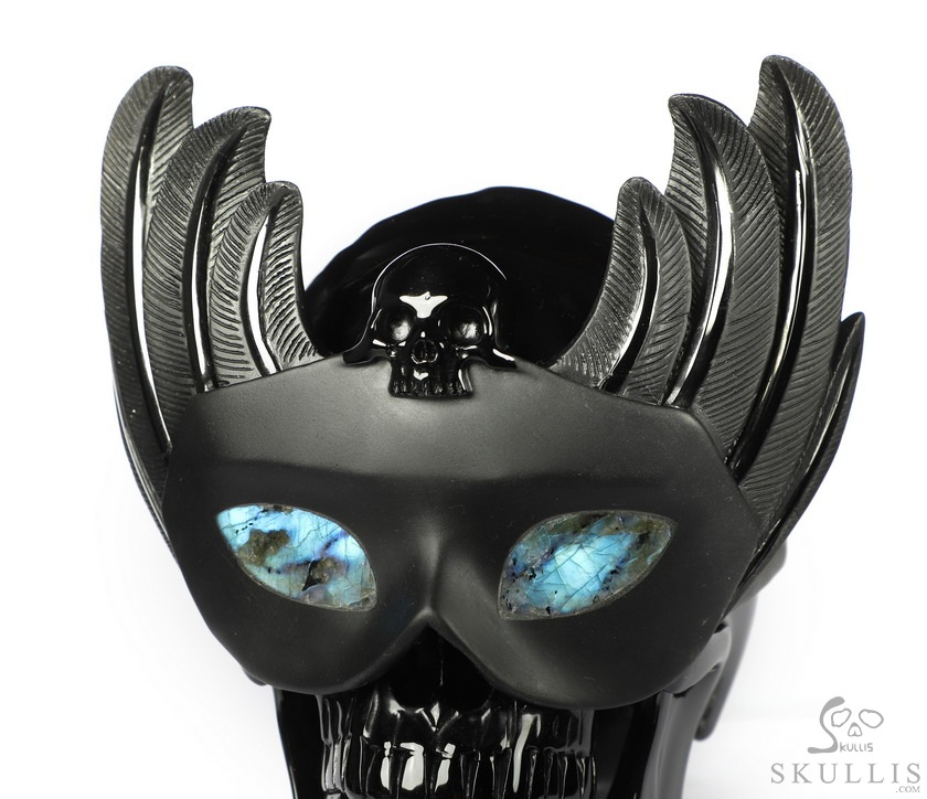 6.7" Black Obsidian Carved Masquerade Crystal Skull Sculpture, Crystal Healing 6.7" Black Obsidian Carved Masquerade Crystal Skull Sculpture, Crystal Healing